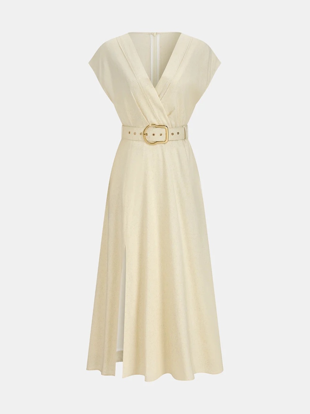 COMMENSE Linen Blend V Neck Belted Maxi Dress